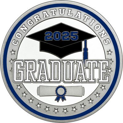 White "Congratulations Graduate" with Navy Blue 2025, Rim, Tassel & Ribbon
